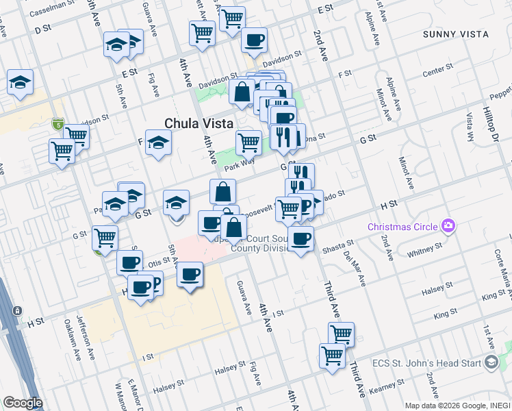 map of restaurants, bars, coffee shops, grocery stores, and more near 377 Roosevelt Street in Chula Vista