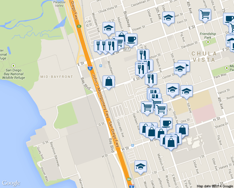 map of restaurants, bars, coffee shops, grocery stores, and more near 706 F Street in Chula Vista