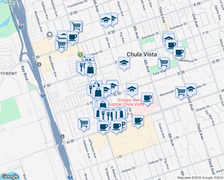 map of restaurants, bars, coffee shops, grocery stores, and more near 536 Park Way in Chula Vista