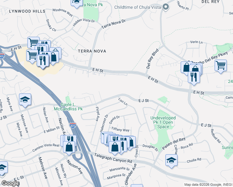 map of restaurants, bars, coffee shops, grocery stores, and more near 2 East J Street in Chula Vista