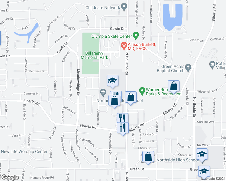 map of restaurants, bars, coffee shops, grocery stores, and more near 500 Johnson Road in Warner Robins