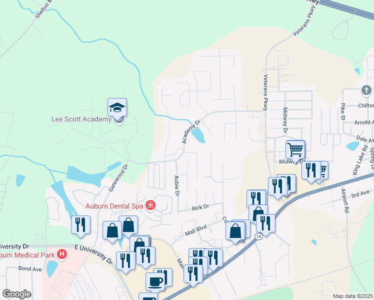 map of restaurants, bars, coffee shops, grocery stores, and more near 1953 Stephanie Court in Auburn