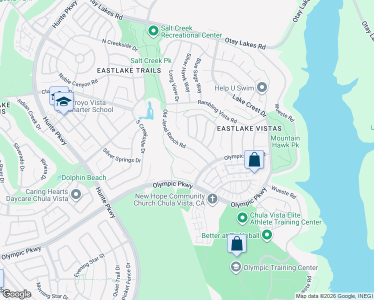 map of restaurants, bars, coffee shops, grocery stores, and more near 1454 Old Janal Ranch Road in Chula Vista