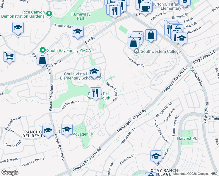 map of restaurants, bars, coffee shops, grocery stores, and more near 1026 Buena Vista Way in Chula Vista
