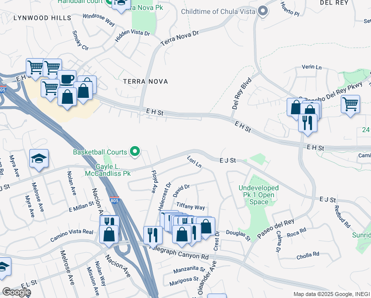 map of restaurants, bars, coffee shops, grocery stores, and more near 600 East J Street in Chula Vista