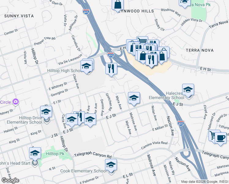 map of restaurants, bars, coffee shops, grocery stores, and more near 643 Myra Avenue in Chula Vista