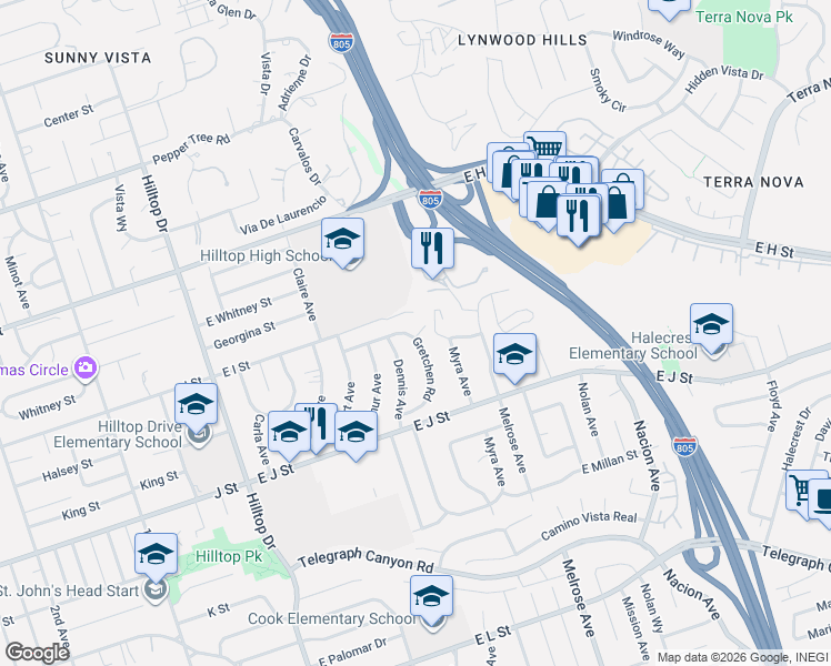 map of restaurants, bars, coffee shops, grocery stores, and more near 637 Gretchen Road in Chula Vista