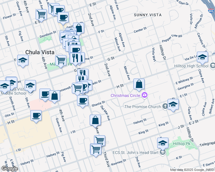 map of restaurants, bars, coffee shops, grocery stores, and more near 205 H Street in Chula Vista