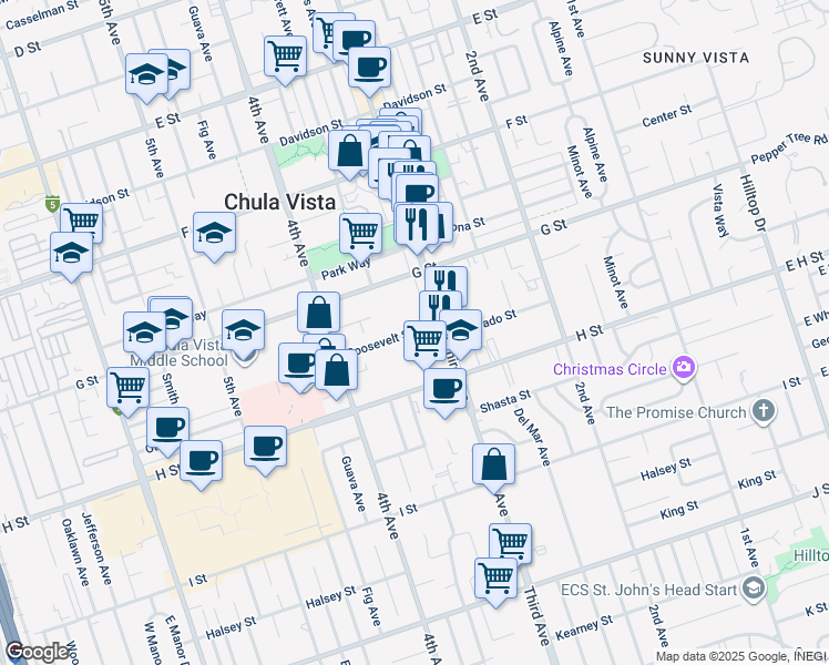 map of restaurants, bars, coffee shops, grocery stores, and more near 342 Roosevelt Street in Chula Vista
