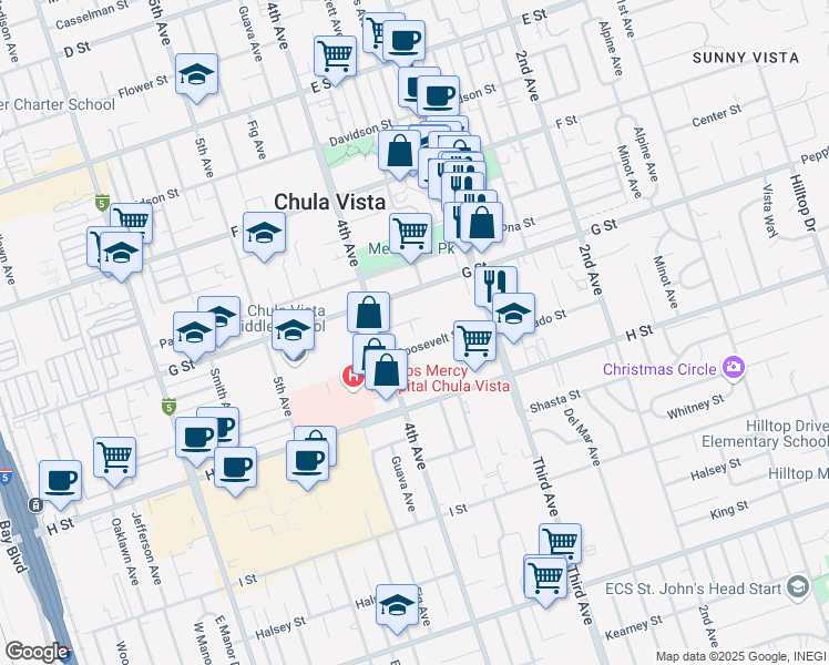 map of restaurants, bars, coffee shops, grocery stores, and more near 377 Roosevelt Street in Chula Vista