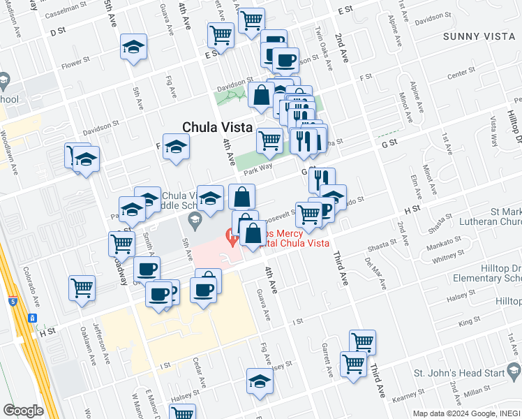 map of restaurants, bars, coffee shops, grocery stores, and more near 377 Roosevelt Street in Chula Vista