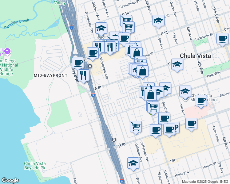 map of restaurants, bars, coffee shops, grocery stores, and more near 706 F Street in Chula Vista