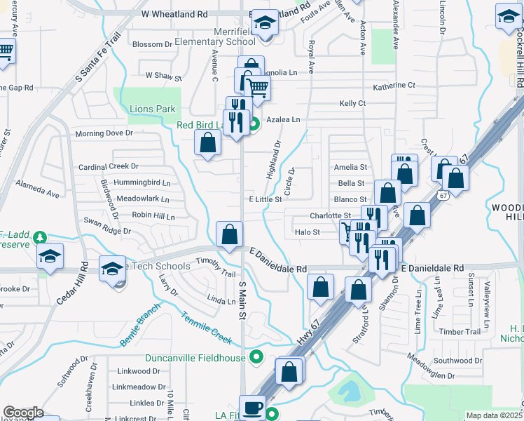 map of restaurants, bars, coffee shops, grocery stores, and more near 117 Brookside Drive in Duncanville