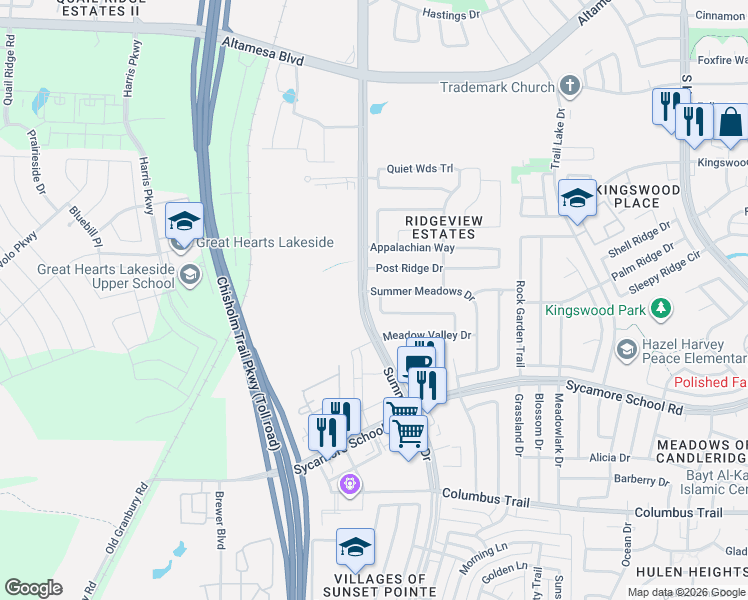 map of restaurants, bars, coffee shops, grocery stores, and more near 5512 Rolling Meadows Drive in Fort Worth