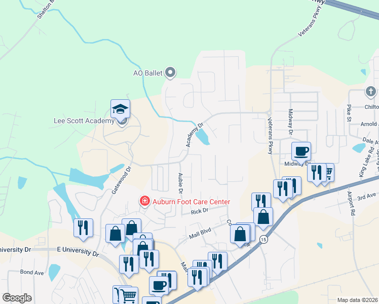 map of restaurants, bars, coffee shops, grocery stores, and more near 1333 Tulip Court in Auburn