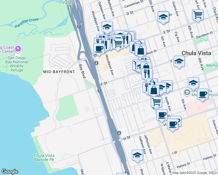 map of restaurants, bars, coffee shops, grocery stores, and more near 740 F Street in Chula Vista