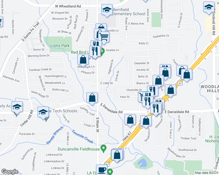 map of restaurants, bars, coffee shops, grocery stores, and more near 127 Graystone Place in Duncanville