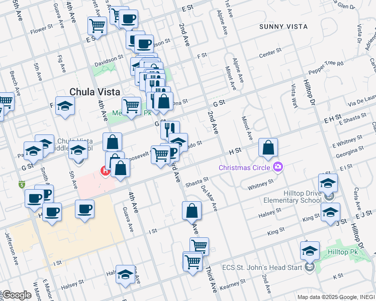 map of restaurants, bars, coffee shops, grocery stores, and more near 268 Alvarado Street in Chula Vista