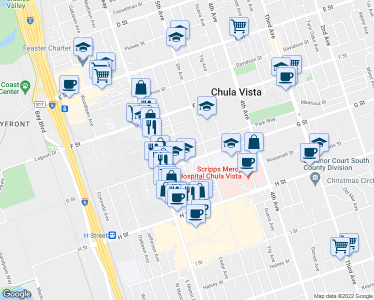 map of restaurants, bars, coffee shops, grocery stores, and more near 536 Park Way in Chula Vista