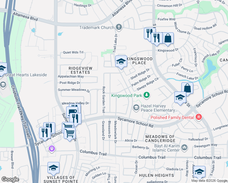 map of restaurants, bars, coffee shops, grocery stores, and more near 5104 Valley Village Drive in Fort Worth