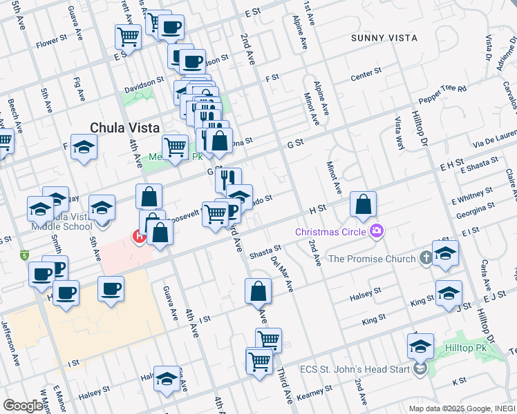 map of restaurants, bars, coffee shops, grocery stores, and more near 268 Alvarado Street in Chula Vista