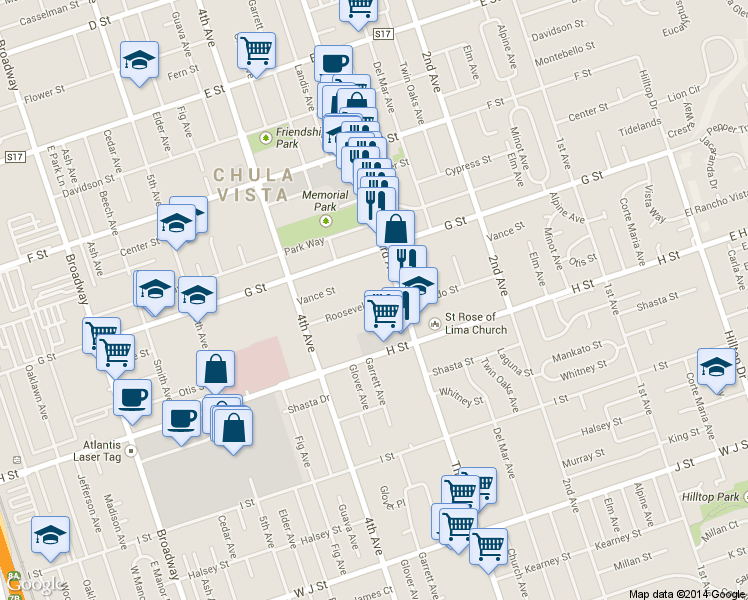 map of restaurants, bars, coffee shops, grocery stores, and more near 342 Roosevelt Street in Chula Vista
