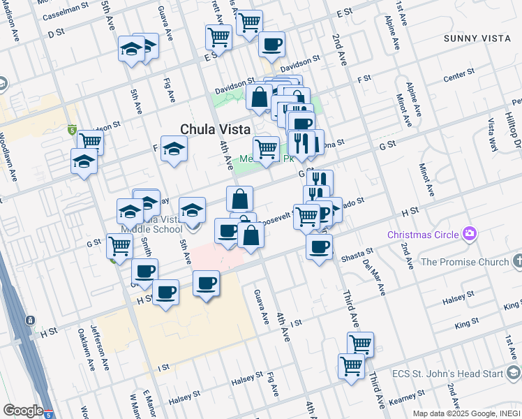 map of restaurants, bars, coffee shops, grocery stores, and more near 377 Roosevelt Street in Chula Vista
