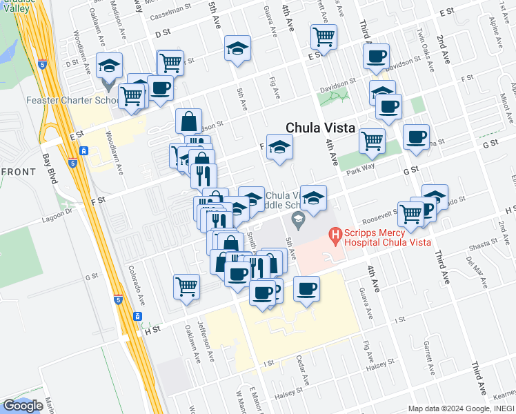 map of restaurants, bars, coffee shops, grocery stores, and more near 537 G Street in Chula Vista