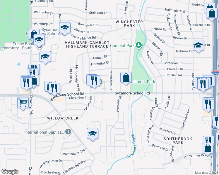 map of restaurants, bars, coffee shops, grocery stores, and more near 7821 Pebbleford Road in Fort Worth