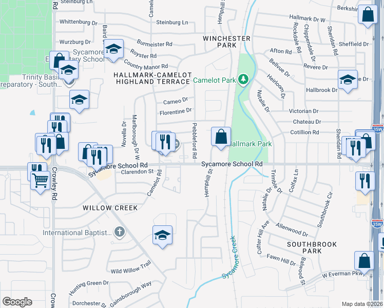 map of restaurants, bars, coffee shops, grocery stores, and more near 7821 Pebbleford Road in Fort Worth