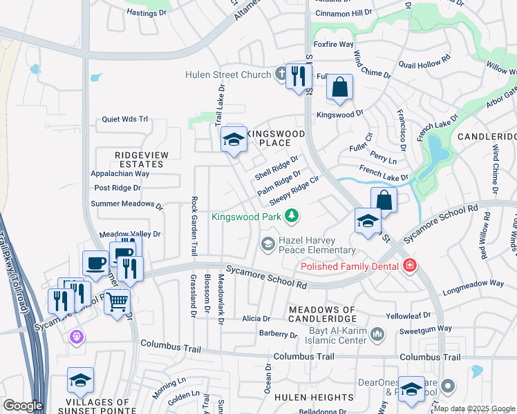 map of restaurants, bars, coffee shops, grocery stores, and more near 7412 Sleepy Ridge Circle in Fort Worth