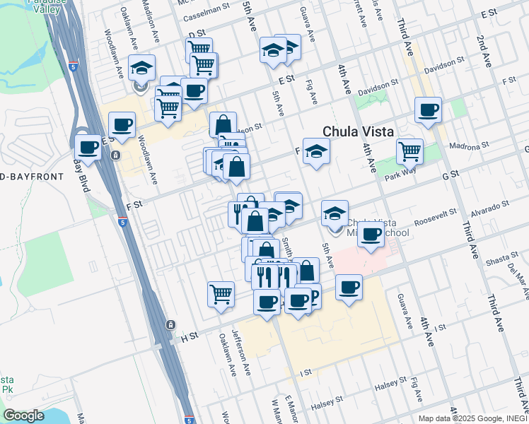 map of restaurants, bars, coffee shops, grocery stores, and more near 569 Park Way in Chula Vista