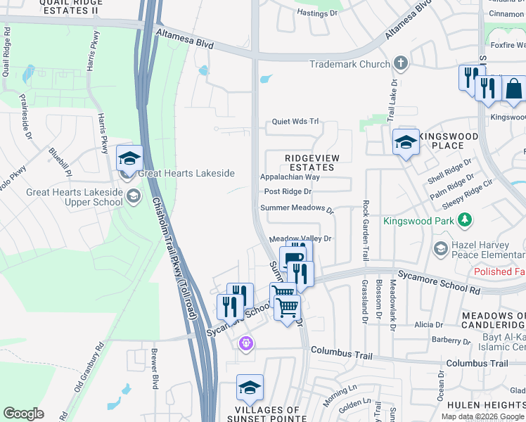 map of restaurants, bars, coffee shops, grocery stores, and more near 5512 Rolling Meadows Drive in Fort Worth
