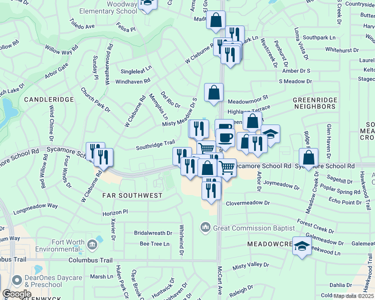 map of restaurants, bars, coffee shops, grocery stores, and more near 3630 Sycamore School Road in Fort Worth