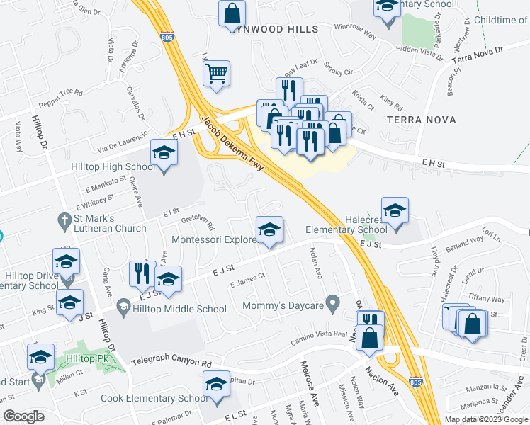 map of restaurants, bars, coffee shops, grocery stores, and more near 651 Windsor Circle in Chula Vista