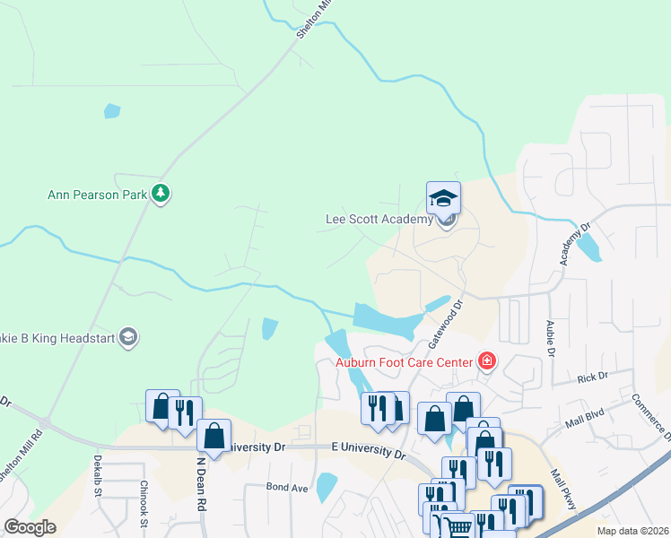 map of restaurants, bars, coffee shops, grocery stores, and more near 1365 Gatewood Drive in Auburn