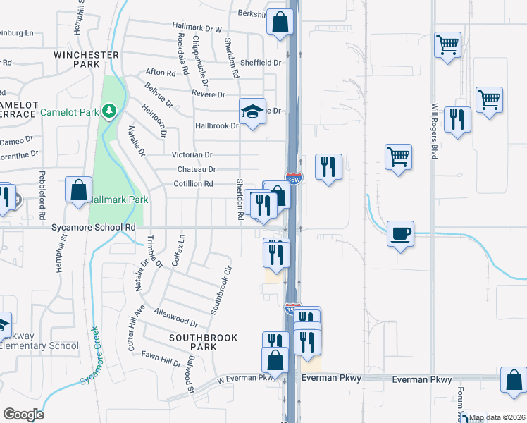 map of restaurants, bars, coffee shops, grocery stores, and more near 122 Sycamore School Road in Fort Worth