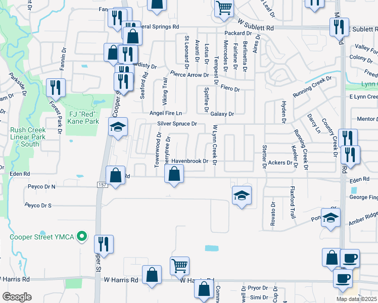map of restaurants, bars, coffee shops, grocery stores, and more near 6724 Flamewood Drive in Arlington