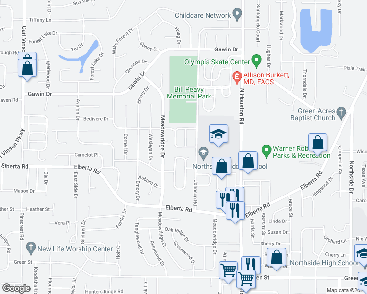 map of restaurants, bars, coffee shops, grocery stores, and more near 202 Norman Lane in Warner Robins