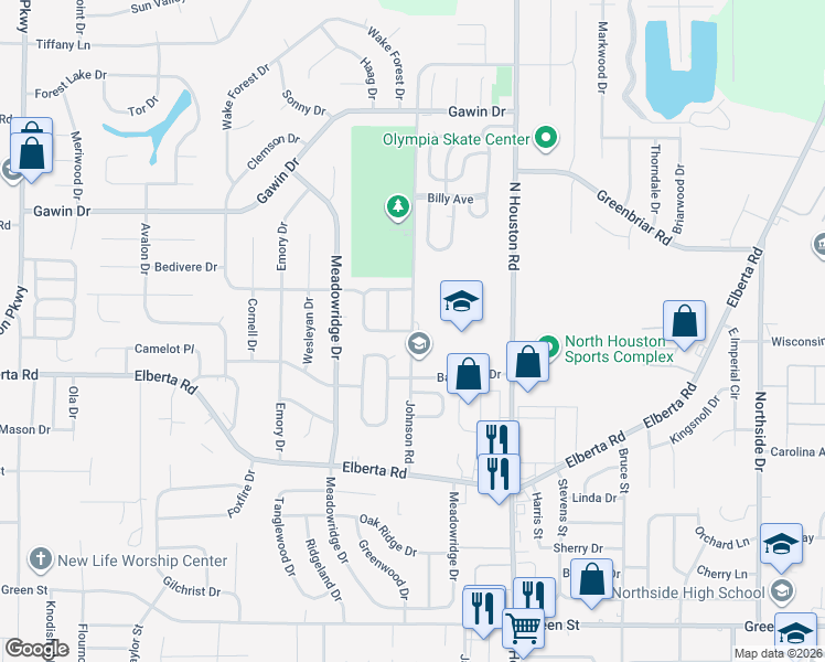 map of restaurants, bars, coffee shops, grocery stores, and more near 460 Johnson Road in Warner Robins
