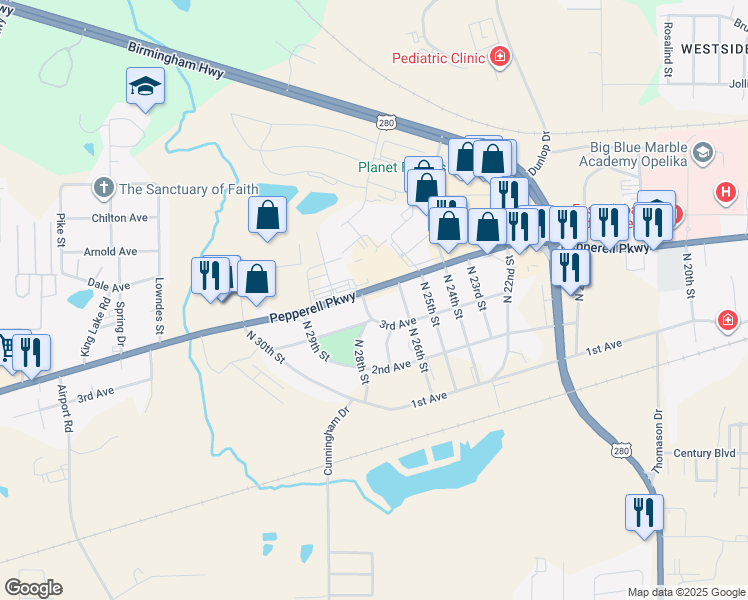 map of restaurants, bars, coffee shops, grocery stores, and more near 303 North 28th Street in Opelika