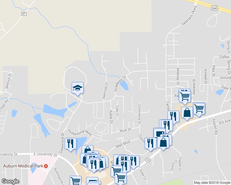 map of restaurants, bars, coffee shops, grocery stores, and more near 1630 Academy Drive in Opelika
