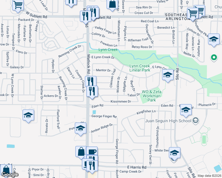map of restaurants, bars, coffee shops, grocery stores, and more near 6798 Classen Trail in Arlington