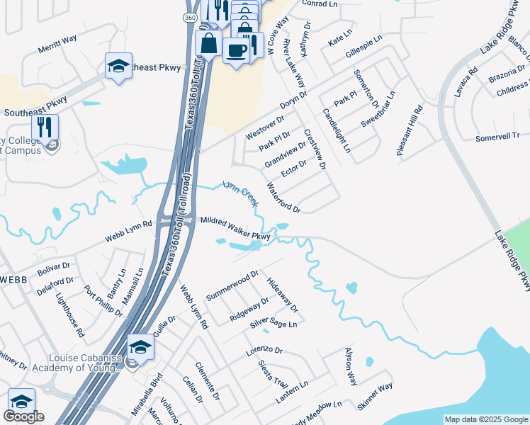 map of restaurants, bars, coffee shops, grocery stores, and more near 5803 Waterford Drive in Grand Prairie
