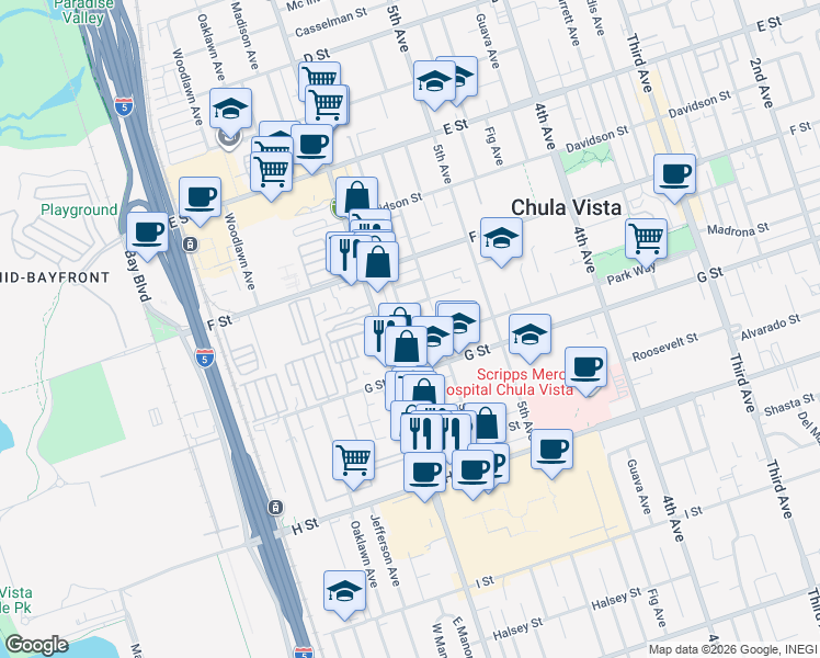 map of restaurants, bars, coffee shops, grocery stores, and more near 573 Park Way in Chula Vista