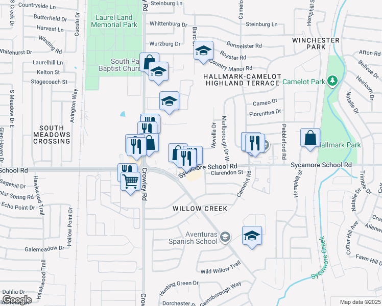 map of restaurants, bars, coffee shops, grocery stores, and more near 1709 Novella Court in Fort Worth