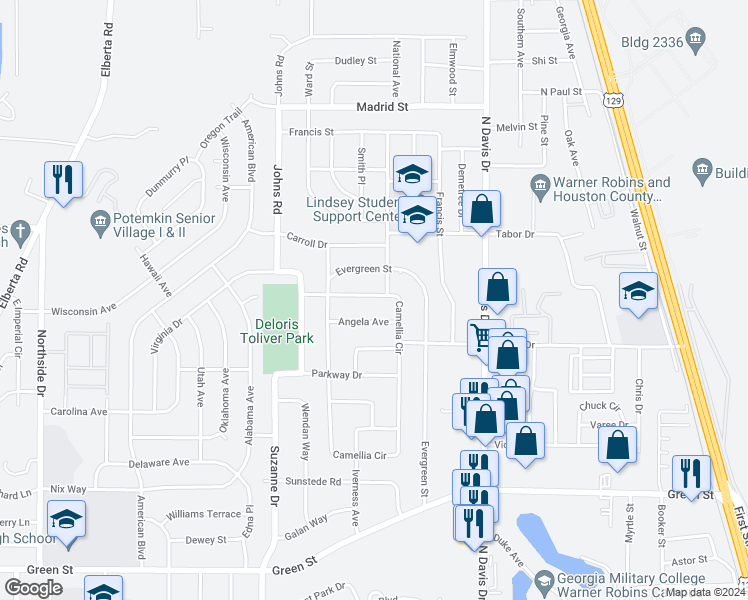 map of restaurants, bars, coffee shops, grocery stores, and more near 104 Angela Avenue in Warner Robins