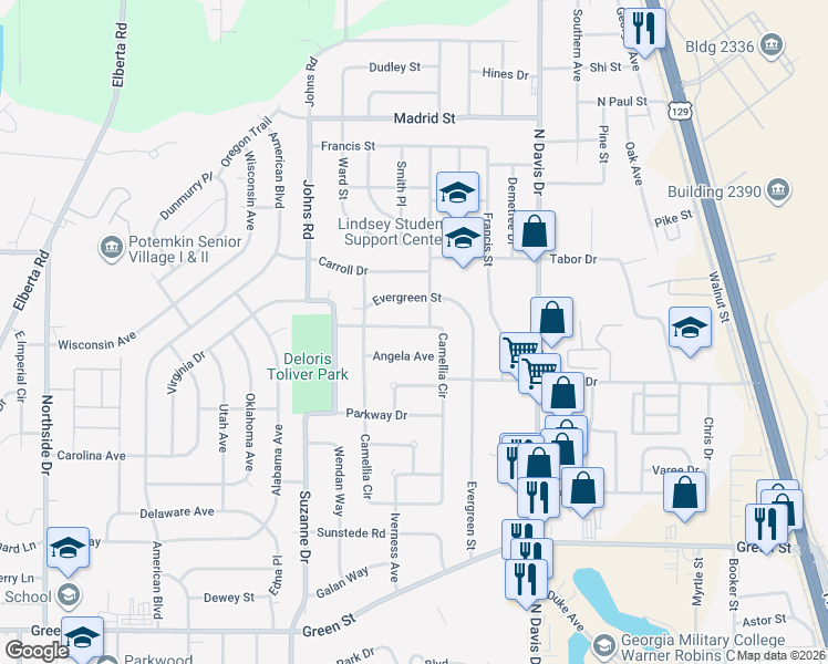map of restaurants, bars, coffee shops, grocery stores, and more near 104 Angela Avenue in Warner Robins