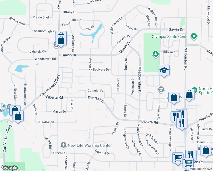 map of restaurants, bars, coffee shops, grocery stores, and more near 106 Camelot Place in Warner Robins