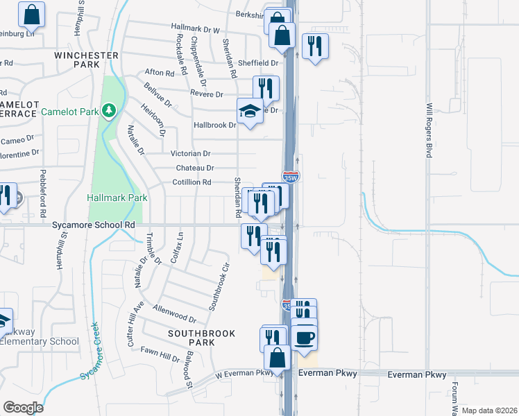 map of restaurants, bars, coffee shops, grocery stores, and more near 154 Cotillion Road in Fort Worth